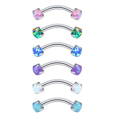 Briana Williams 6pcs Stainless Steel Rook Daith Earrings Belly Lip Ring Eyebrow Studs Cartilage Tragus Cubic Zirconia Barbell Body Piercing 8mm (5/16") - color: 7 -Opal