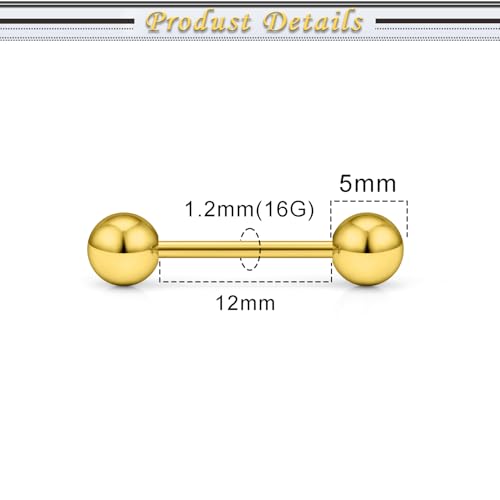 16G 14G Surgical Steel Tongue Rings Nipple Rings Industrial Piercing Jewelry Set Multi Size Straight Barbells 12mm 14mm 16mm 19mm 22mm 28mm 32mm 35mm 38mm 40mm 45mm for Women Men - color: goldtone, size: 16g,bar length 12mm