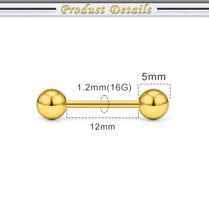 16G 14G Surgical Steel Tongue Rings Nipple Rings Industrial Piercing Jewelry Set Multi Size Straight Barbells 12mm 14mm 16mm 19mm 22mm 28mm 32mm 35mm 38mm 40mm 45mm for Women Men - color: goldtone, size: 16g,bar length 12mm
