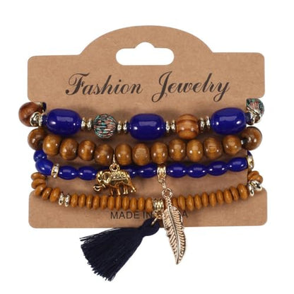 4Pcs Bohemia Multilayer Stackable Elephant Leaf Tassel Bracelets Colorful Wooden Resin Beaded Stretch Bracelets for Women Men Summer Beach Boho Vacation Hawaii Jewelry Gifts - style: StyleD