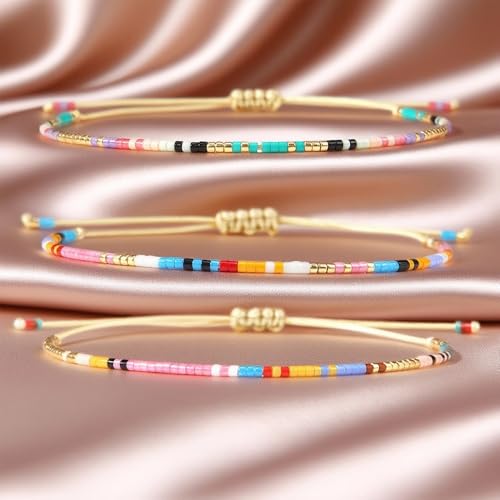 Seed Beaded String Rope Adjustable Bracelets Set for Women Men, Small Colorful Boho Rice 3Pcs Stack Handmade Thin Jewelry, Daily Beach Vacation Friendship Gift - color: Pink Yellow D