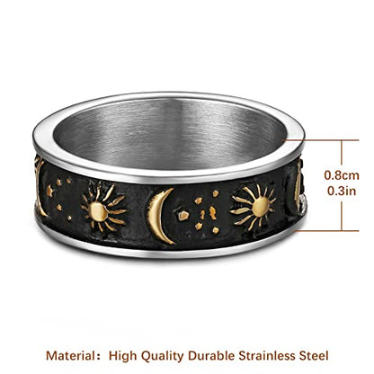 HZMAN 8mm Moon Star Sun Statement Ring Stainless Steel Boho Jewelry for Women Men - color: Silver & Gold