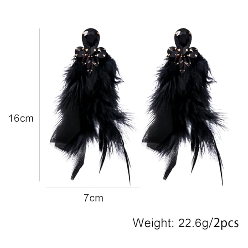 Long Feather Earrings for Women Bohemian Crystal Zirconia Dangle Feather Earrings Crystal Tassel Feather Earrings Wedding Halloween Prom Jewelry - color: Black