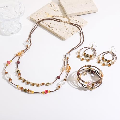 Bocar Bohemian Handmade Beaded Jewelry Set for Women 3 Pcs Layered Necklace Hoop Earrings Wrap Bracelet Set Boho Summer Vacation Jewelry Gift (NK-10834) - color: Brown