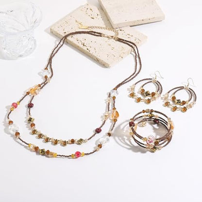 Bocar Bohemian Handmade Beaded Jewelry Set for Women 3 Pcs Layered Necklace Hoop Earrings Wrap Bracelet Set Boho Summer Vacation Jewelry Gift (NK-10834) - color: Brown
