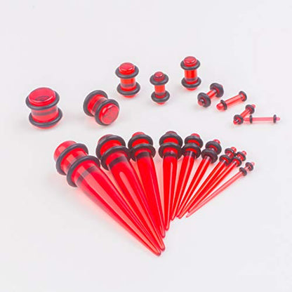 50 Pcs Ear Gauges Stretching Kit 14G-00G | Acrylic Tapers and Plugs Silicone Tunnels, Gauge Expanders Stretching Kit, Piercing Earring Jewelry for Men and Women - color: Red