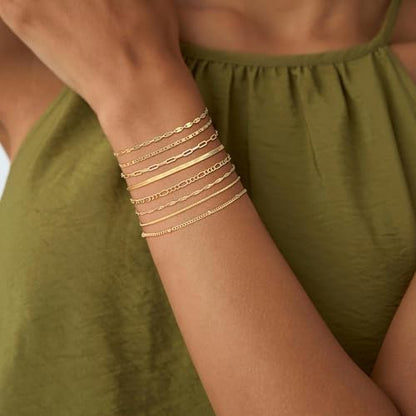 Cuzmly Bracelets for Women, Waterproof 14K Gold/Silver Plated Stackable Bracelets for Women Non Tarnish Trendy Dainty Paperclip Figaro Box Herringbone Hand Chain Bracelet Pack Stack Adjustable Jewelry for Women - style: 8 Box