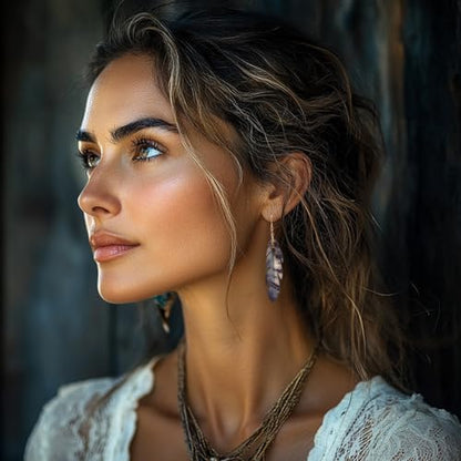 SPUNKYsoul Boho Feather Earrings for Women – Handmade Lightweight Faux Leather Drop Earrings with Earthy Tones – Hypoallergenic & Eco-Friendly Fashion Jewelry - style: Gray/Black/Creme