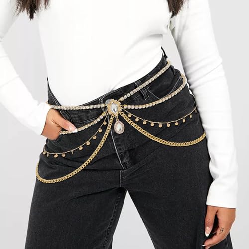 ELABEST Rhinestone Layered Chain Belt Sequin Waist Chain Body Chain Jewelry for Women - style: Gold