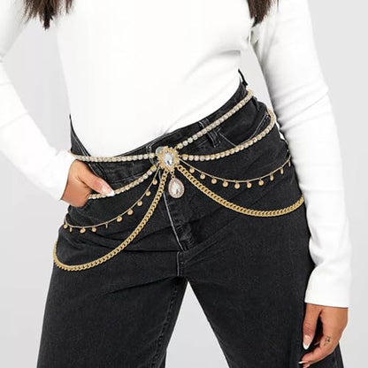 ELABEST Rhinestone Layered Chain Belt Sequin Waist Chain Body Chain Jewelry for Women - style: Gold