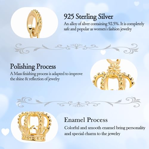 925 Sterling Silver Charms fits Bracelets and Necklace Pendant Bead Charms Jewelry Gift for Women Family Friends - style: Gold Crown Charm