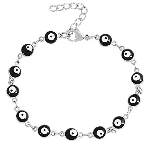 Women's Charm Enamel Evil Eye Protection Link Chain Bracelet - color: Silver,Black