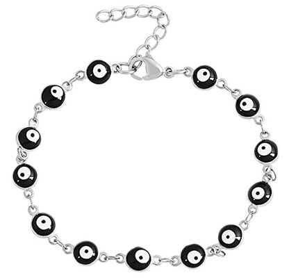 Women's Charm Enamel Evil Eye Protection Link Chain Bracelet - color: Silver,Black