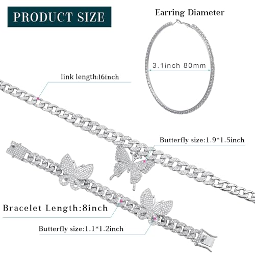 3 Pcs Butterfly Cuban Jewelry Set Cuban Link Chain Necklace for Women Rhinestone Pendant Necklace Bracelet Large Hoop - color: Silver, style: Fashion