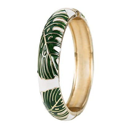 Hawaiian Monstera Luau Leaves Hinged Clasp Fashion Enamel Bangle Bracelet - color: Green