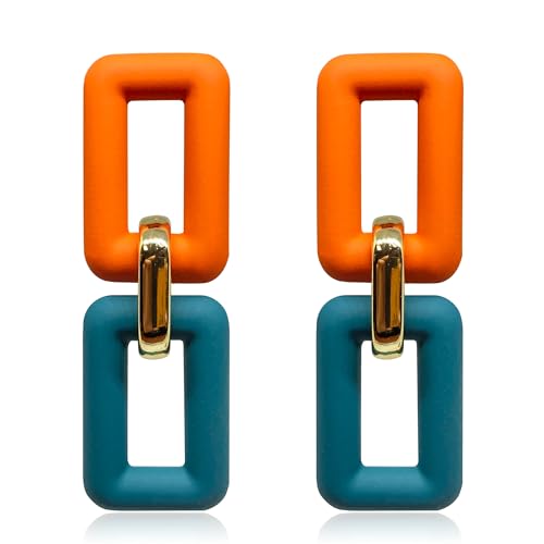 Acrylic Chain Earrings for Women Girls Resin Square Geometric Statement Dangle Drop Earrings Bohemian Retro Paperclip Link Chain Earrings 70s 80s Jewelry Gifts - color: orange+blue