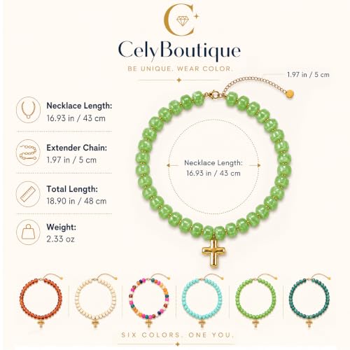 Colorful Resin Chunky Beaded Necklace for Women Modern Statement Choker Necklace with Gold Tone Cross Pendant Boho Summer Jewelry Gift - color: Sage Green-1