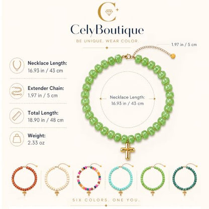 Colorful Resin Chunky Beaded Necklace for Women Modern Statement Choker Necklace with Gold Tone Cross Pendant Boho Summer Jewelry Gift - color: Sage Green-1