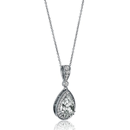 BERRICLE Sterling Silver CZ Pendant Necklace for Women, Cubic Zirconia - Cushion, Pear, Princess, Round Cut - Art Deco Halo Designs - style: Teardrop Halo
