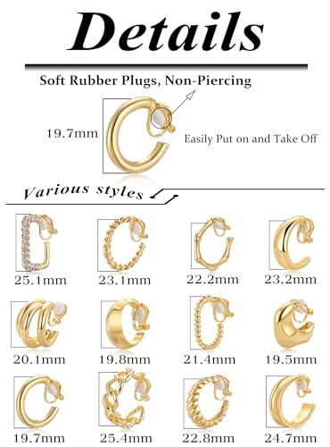 12 Pairs Clip on Hoop Earrings for Women 14K Gold Plated Chunky Clip on Earrings CZ Tube Twist Croissant Bamboo Round Geometric No Piercing Ear Clips Set Trendy Fake Earrings Jewelry - color: Gold