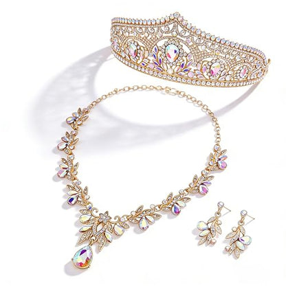 Princess Tiara Crown and Jewelry Sets for Women Wedding Rhinestone Crystal Tiaras and Crowns with Necklace Earrings Party Birthday Accessories - color: Gold AB