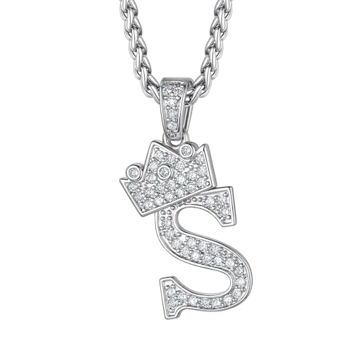 Richsteel Silver Crown Initial A-Z Letter Pendant Necklace for Men Women | Cubic Zirconia Monogram, 316L Steel Chain, 22" + 2" Extender,Hypoallergenic,Gift Box, Hip Hop Jewelry - style: S