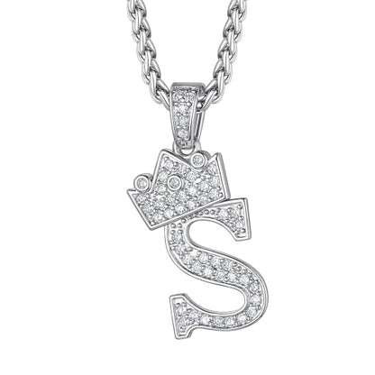 Richsteel Silver Crown Initial A-Z Letter Pendant Necklace for Men Women | Cubic Zirconia Monogram, 316L Steel Chain, 22" + 2" Extender,Hypoallergenic,Gift Box, Hip Hop Jewelry - style: S