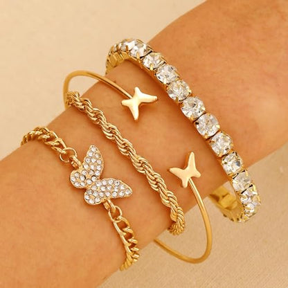 Alegend 14K Gold Plated Stackable Multilayer Bracelets + Titanium Steel(Not Rust, Resist Corruption, Easily Clean) 18K Gold Plated Single Bracelets - color: 14K Gold + 4PCS A