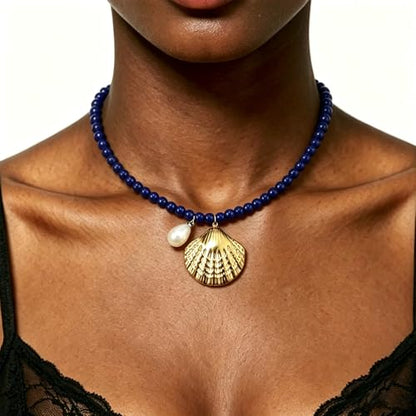 Fish Shell Necklace for Women, Beaded Necklaces Boho Statement Necklace, Pearl Necklaces Summer Beach Vacation Dress & Costume Jewelry - color: Royal Blue-shell
