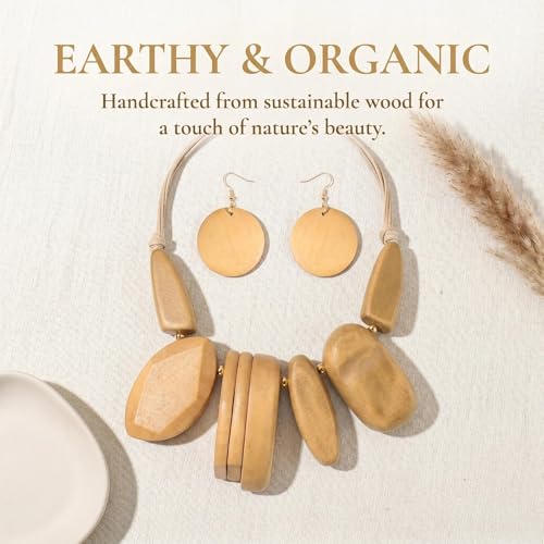 Coiris Chunky Statement Necklace and Earring Sets for Women Boho Wooden Necklaces Earrings Jewelry Set for Women - color: Beige