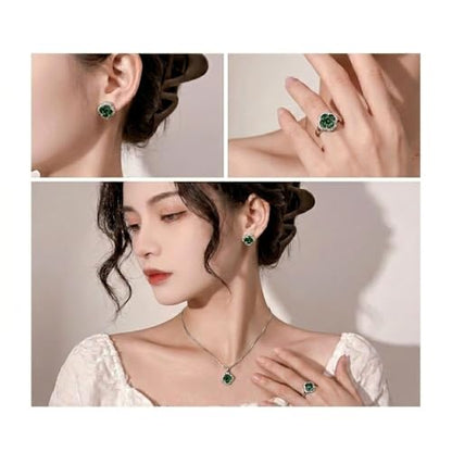 Green/Blue Zircon 4-Leaf Clover Jewelry Set – Necklace, Ring, Earrings – Women's Wedding & Evening Gift for Wife, Girlfriend, Mother – Comes with Gift Box - color: Green 3-Piece Set