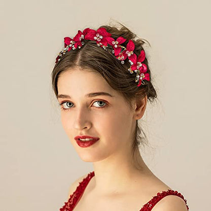 DonLeeving Bridal Red Crystal Headband Princess Flower Hair Vine Headpiece Pearl Wedding Queen Crowns and Tiaras Bride Floral Red Headband for Women and Girls Halloween Decor