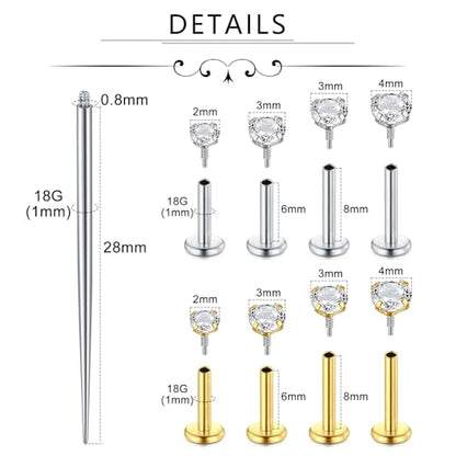 Incaton 18G Hypoallergenic Flat Back Stud Earrings, 316L Surgical Steel Internal Thread CZ Stud for Helix Tragus Cartilage Conch Nose Lip Rings Labret Piercing Jewelry For Women Gold/Silver Pack - color: GOLD + Silver