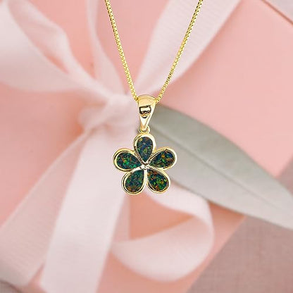CiNily Opal Leaf/Flower Pendant Necklace for Women Silver Plated Jewelry Gift - color: Flower-Black