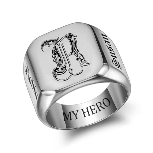 Custom Signet Ring for Men Personalized Initial Ring Custom Mens Rings Engraved Ring Customized Memorial Graduation Gifts for Father Husband Boyfriend Friends - color: Square Silver