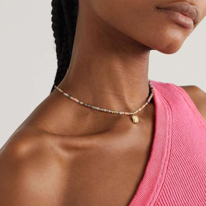 KissYan Beaded Choker Necklace for Women, Colorful Natural Gemstones Pearl Choker 14K Gold Plated Pendant Healing Crystal Necklace Handmade Stone Jewelry Gift | 14K Gold Plated Pendant Necklaces, Natural Gemstones Pearl Choker, Healing Crystal Chain, Hand