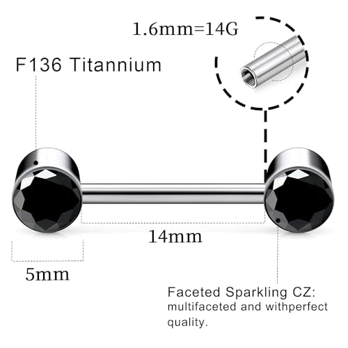 14G ASTM F136 Titanium Nipple Piercing Jewelry Round CZ Nipple Barbell Jewelry Internally Threaded G23 Solid Titanium Nipple Piercing Barbell Ring Jewelry for Women Men 14 Gauge - style: Black CZ