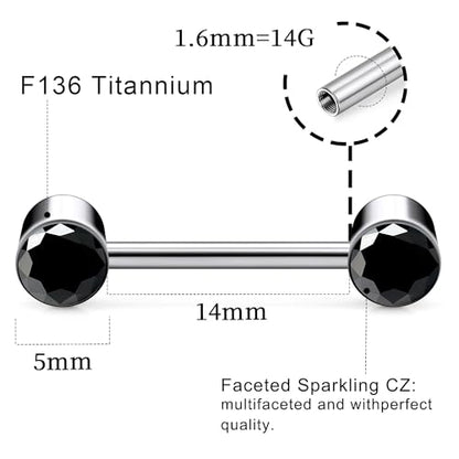 14G ASTM F136 Titanium Nipple Piercing Jewelry Round CZ Nipple Barbell Jewelry Internally Threaded G23 Solid Titanium Nipple Piercing Barbell Ring Jewelry for Women Men 14 Gauge - style: Black CZ