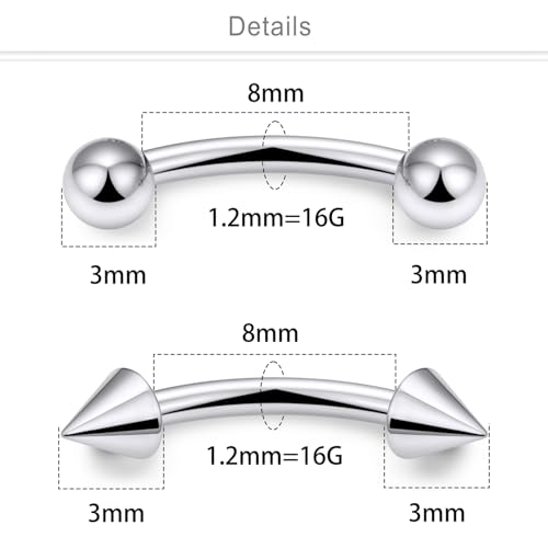 Eyebrow Piercing Jewelry Titanium Curved Barbell 16g Tiny Eyebrow Ring Vertical Labret Lip Jewelry Ear Rook Navel Small Belly Button Ring for Women Men - color: 16g,8mm