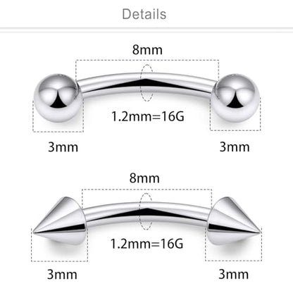 Eyebrow Piercing Jewelry Titanium Curved Barbell 16g Tiny Eyebrow Ring Vertical Labret Lip Jewelry Ear Rook Navel Small Belly Button Ring for Women Men - color: 16g,8mm
