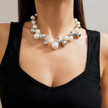 CSIYANJRY99 Chunky Pearl Necklace for Women Big Faux Pearl Beaded Strand Necklace Wedding Prom Jewelry for Women - color: silver