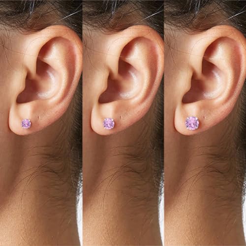 3 Pairs Color Zirconia Earrings Studs, Sterling Silver Studs Earrings Set 3MM 4MM 5MM - color: Pink