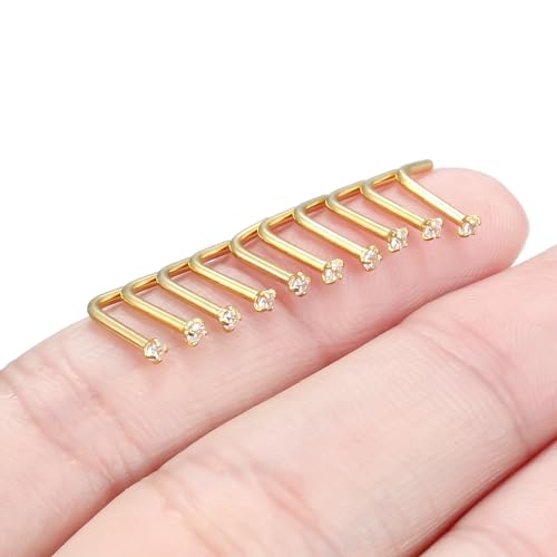 Nose Studs Surgical Steel Nose Rings Studs with Cubic Zirconia 10Pcs Tiny Nostril Rings for Women Screw Bone and L-Shaped Nostril Piercing Jewelry 24G 22G 20G 18G - color: goldtone,L shaped nose studs, size: 18g,1.5mm Clear CZ