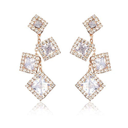 CZ Bridal Earrings for Wedding - 14k Plated Sterling Silver Elegant Teardrop Cubic Zirconia Crystal Rhinestone Floarl Leaf Cluster Chandelier Statement Dangle Drop Earrings for Bride Bridesmaids Party - color: 4 Square - Rose Gold