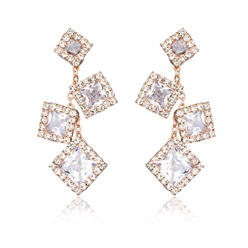 CZ Bridal Earrings for Wedding - 14k Plated Sterling Silver Elegant Teardrop Cubic Zirconia Crystal Rhinestone Floarl Leaf Cluster Chandelier Statement Dangle Drop Earrings for Bride Bridesmaids Party - color: 4 Square - Rose Gold