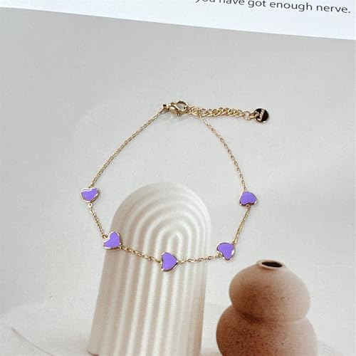 Cute Heart Charm Link Chain Bracelet for Women Dainty Stainless Steel Gold Plated Colorful Enamel Love Heart Adjustable Bracelets Fashion Jewelry for Bff Daughter Her - color: Purple