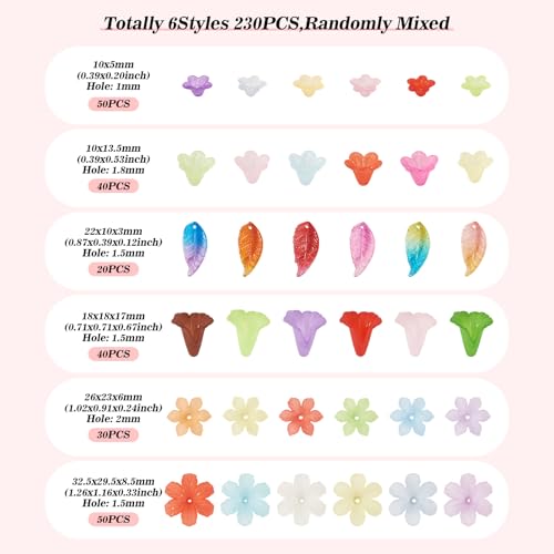 230Pcs Frosted Flower Beads Caps Leaf Acrylic Beads Kit Bell Trumpet Floral Bead Caps Bead Charms Flower Jewelry for DIY Handmade Crafts Jewelry Making Supplies - color: Mixed Flowers