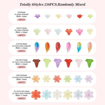 230Pcs Frosted Flower Beads Caps Leaf Acrylic Beads Kit Bell Trumpet Floral Bead Caps Bead Charms Flower Jewelry for DIY Handmade Crafts Jewelry Making Supplies - color: Mixed Flowers