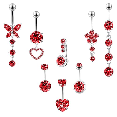 LEE&RO Belly Button Ring Dangle Stainless Steel Belly Rings 14G Belly Button Piercing Cute Navel Ring Belly Piercing Jewelry - style: 8Pcs-Red