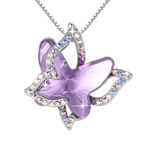 Butterfly Necklace, Birthstone Crystal, for Women, Silver Tone Pendant Jewelry, Anniversary Birthday Gift for Her, Wife & Mom, 18"+2" - color: 06-June Birthstone - Alexandrite Light Purple Crystal